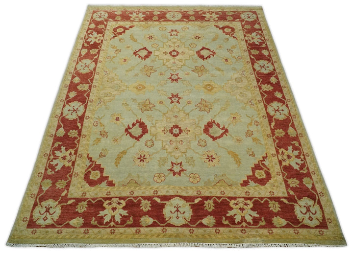8x10 Fine Hand Knotted Aqua and Rust Traditional Vintage Persian Antique Wool Rug | AGR36 - The Rug Decor