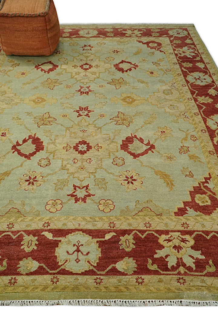 8x10 Fine Hand Knotted Aqua and Rust Traditional Vintage Persian Antique Wool Rug | AGR36 - The Rug Decor