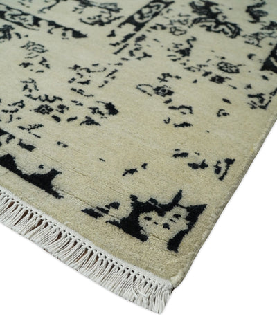 8x10 Fine Hand Knotted Beige and Black Traditional Vintage Persian Antique Wool Rug | AGR35 - The Rug Decor