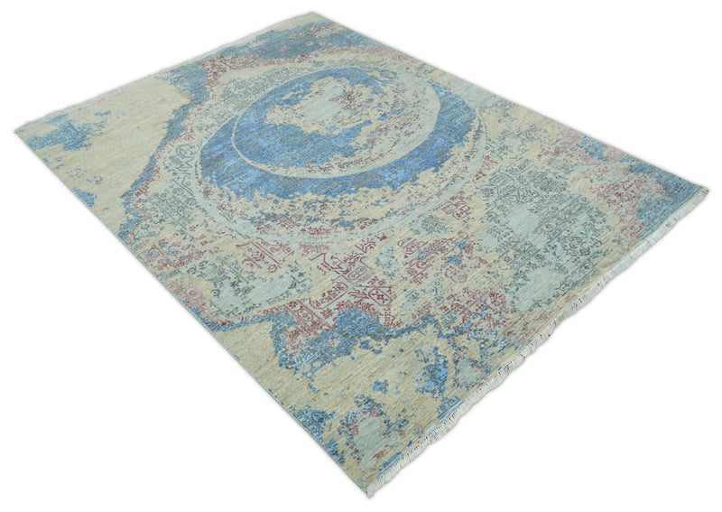 8x10 Fine Hand Knotted Beige and Blue Modern Abstract Style Antique Wool and Silk Area Rug | AGR37 - The Rug Decor