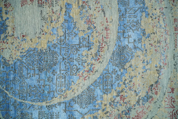 8x10 Fine Hand Knotted Beige and Blue Modern Abstract Style Antique Wool and Silk Area Rug | AGR37 - The Rug Decor