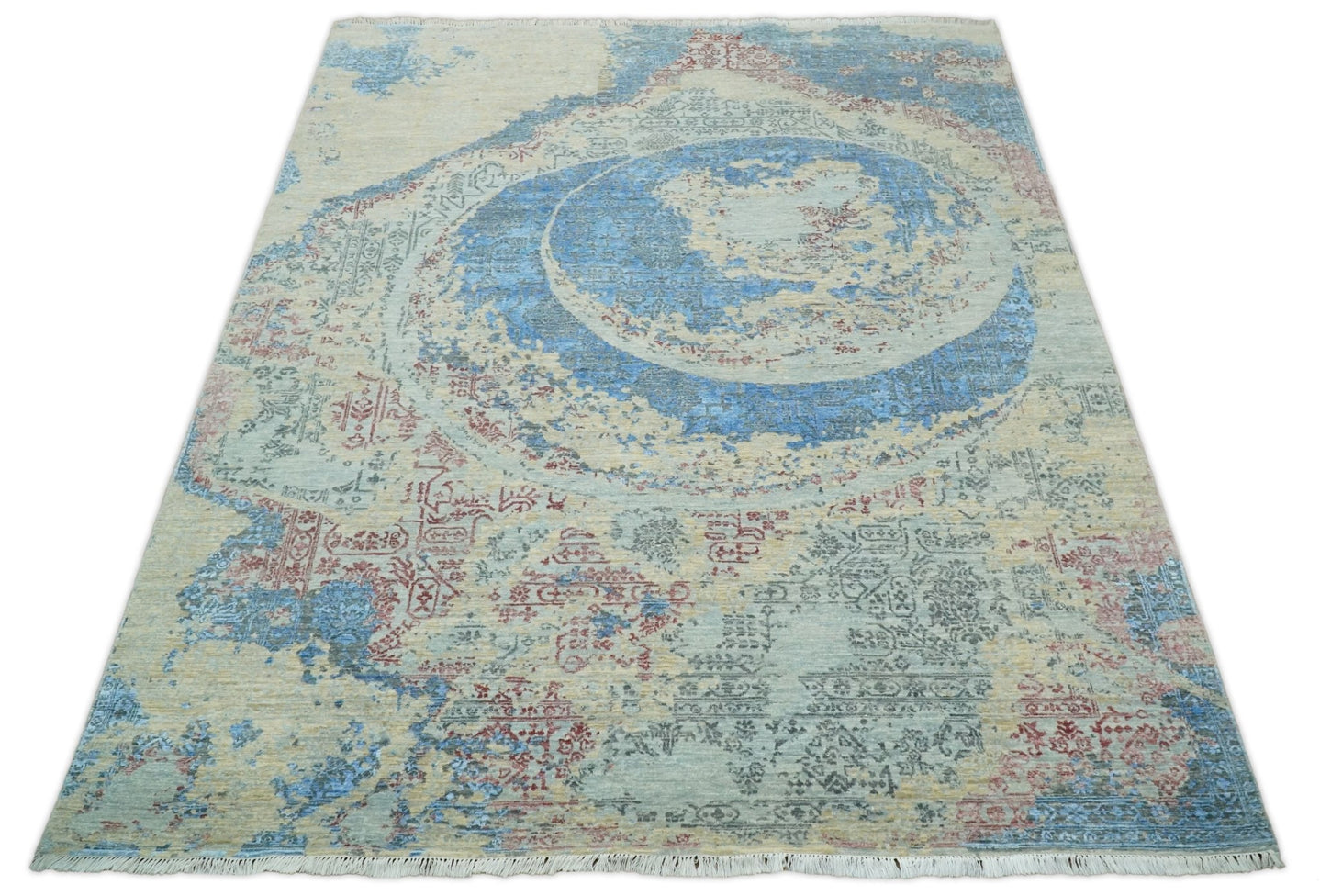 8x10 Fine Hand Knotted Beige and Blue Modern Abstract Style Antique Wool and Silk Area Rug | AGR37 - The Rug Decor