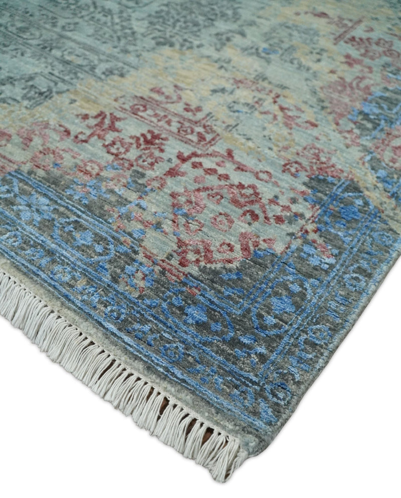 8x10 Fine Hand Knotted Beige and Blue Modern Abstract Style Antique Wool and Silk Area Rug | AGR37 - The Rug Decor