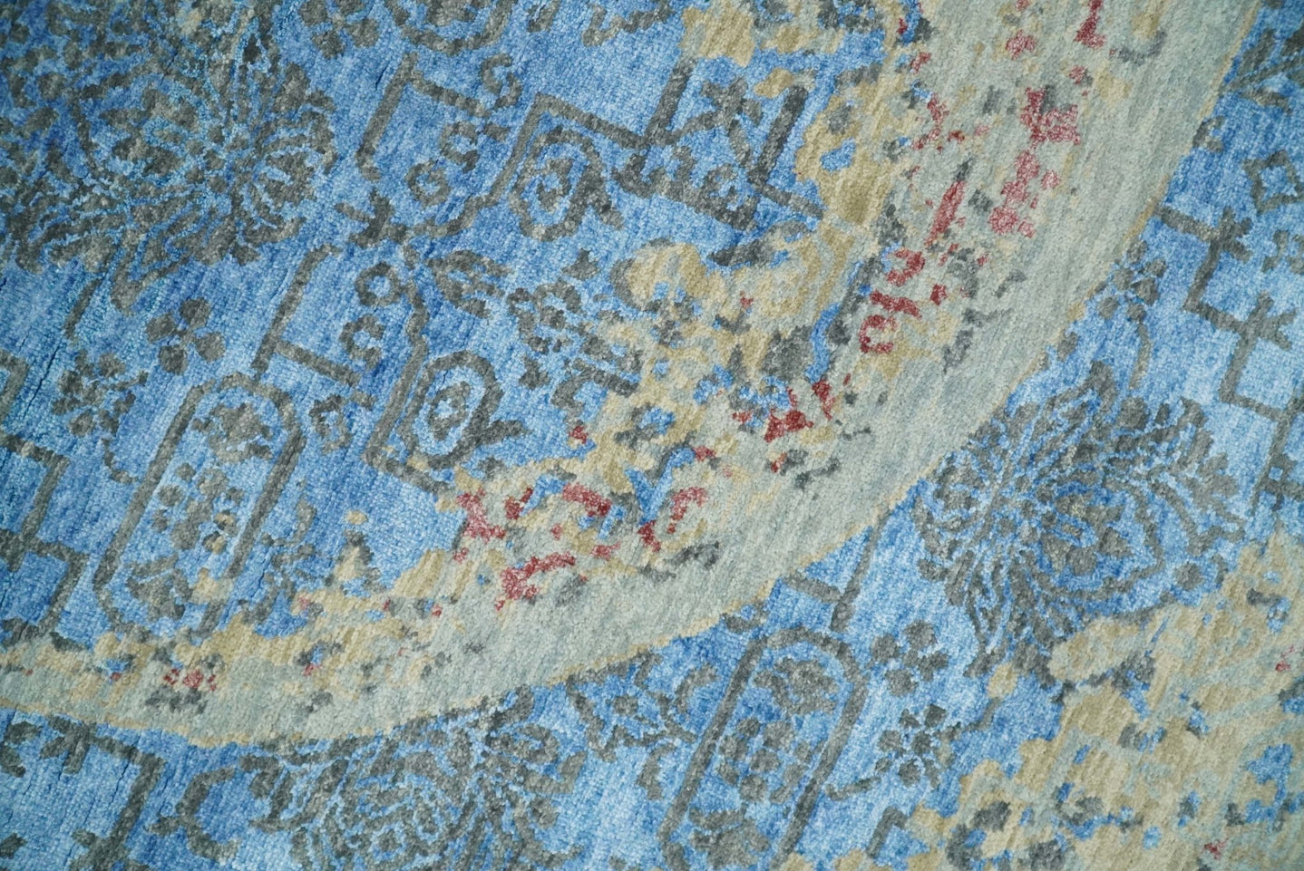 8x10 Fine Hand Knotted Beige and Blue Modern Abstract Style Antique Wool and Silk Area Rug | AGR37 - The Rug Decor