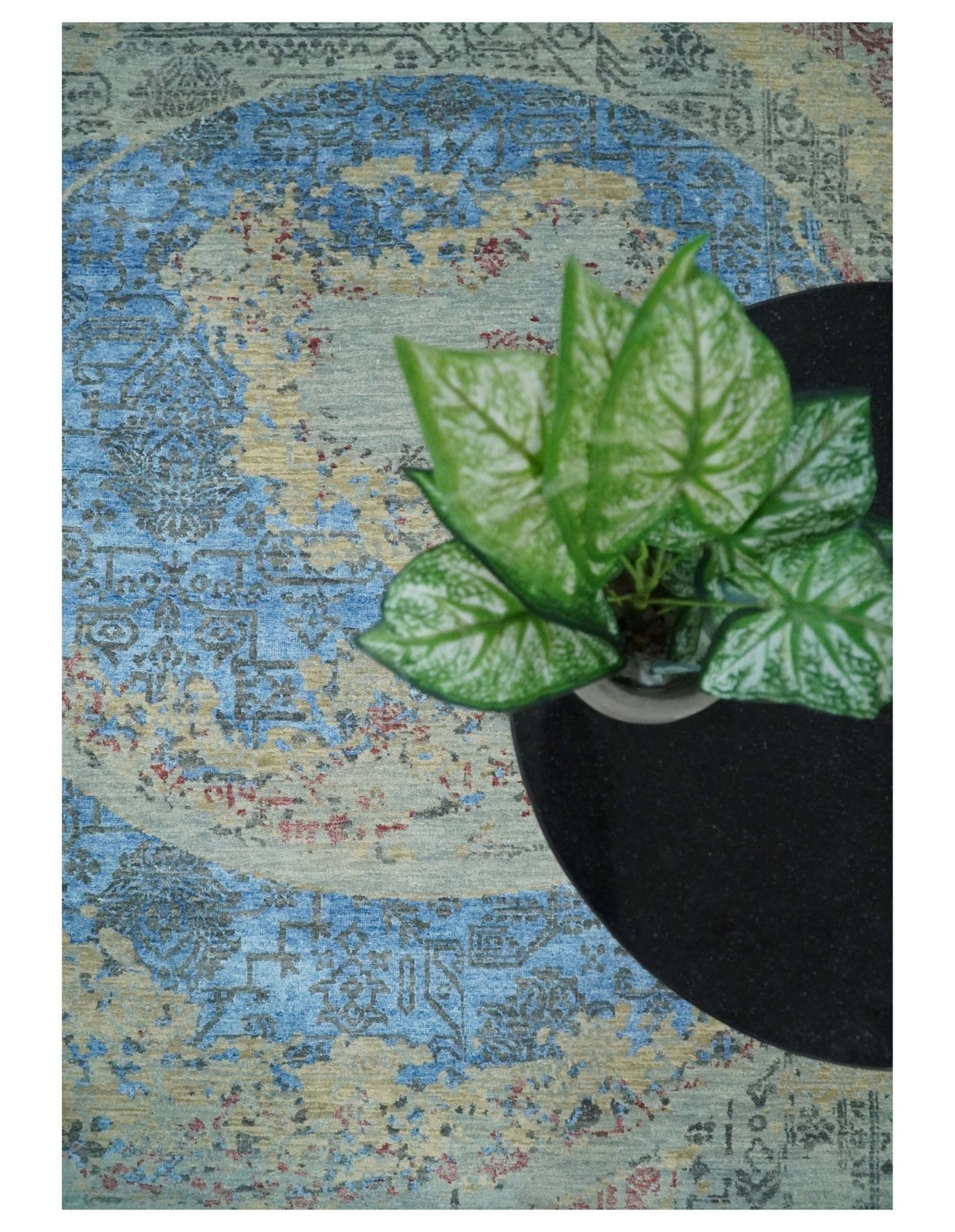 8x10 Fine Hand Knotted Beige and Blue Modern Abstract Style Antique Wool and Silk Area Rug | AGR37 - The Rug Decor