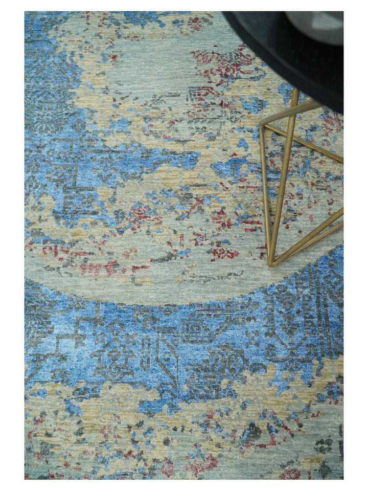8x10 Fine Hand Knotted Beige and Blue Modern Abstract Style Antique Wool and Silk Area Rug | AGR37 - The Rug Decor