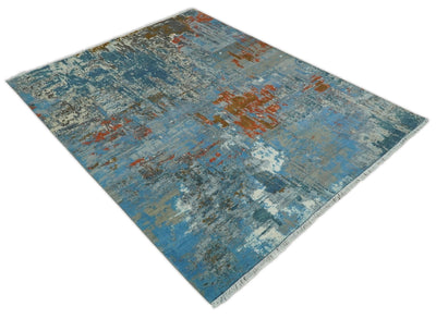8x10 Fine Hand Knotted Beige and Blue Modern Abstract Style Antique Wool and Silk Area Rug | AGR43 - The Rug Decor