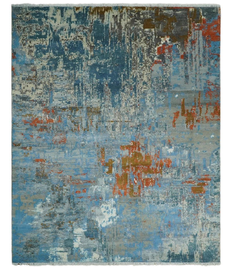 8x10 Fine Hand Knotted Beige and Blue Modern Abstract Style Antique Wool and Silk Area Rug | AGR43 - The Rug Decor