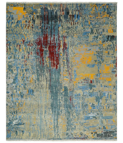 8x10 Fine Hand Knotted Beige and Blue Modern Abstract Style Antique Wool and Silk Area Rug | TRDCP630810 - The Rug Decor