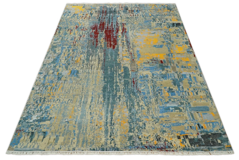 8x10 Fine Hand Knotted Beige and Blue Modern Abstract Style Antique Wool and Silk Area Rug | TRDCP630810 - The Rug Decor