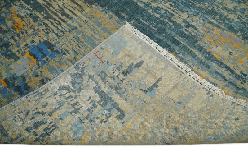 8x10 Fine Hand Knotted Beige and Blue Modern Abstract Style Antique Wool and Silk Area Rug | TRDCP630810 - The Rug Decor