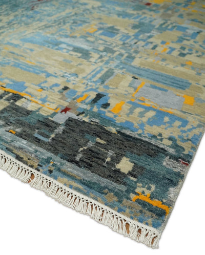 8x10 Fine Hand Knotted Beige and Blue Modern Abstract Style Antique Wool and Silk Area Rug | TRDCP630810 - The Rug Decor