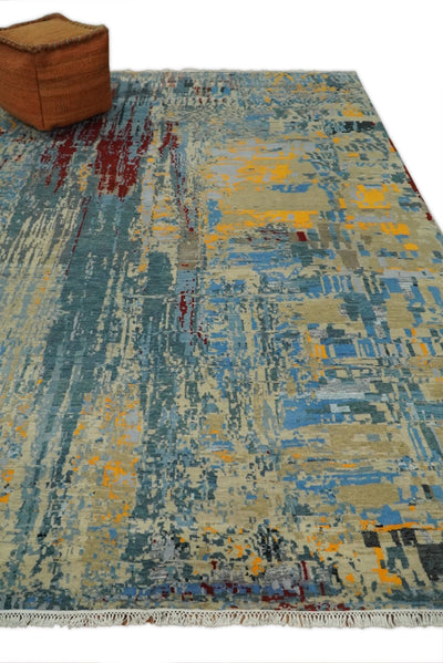 8x10 Fine Hand Knotted Beige and Blue Modern Abstract Style Antique Wool and Silk Area Rug | TRDCP630810 - The Rug Decor