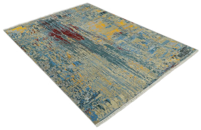 8x10 Fine Hand Knotted Beige and Blue Modern Abstract Style Antique Wool and Silk Area Rug | TRDCP630810 - The Rug Decor