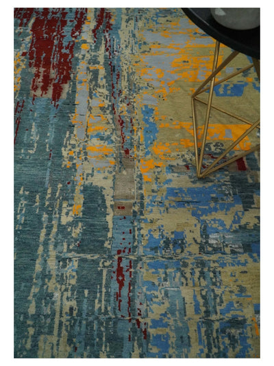 8x10 Fine Hand Knotted Beige and Blue Modern Abstract Style Antique Wool and Silk Area Rug | TRDCP630810 - The Rug Decor