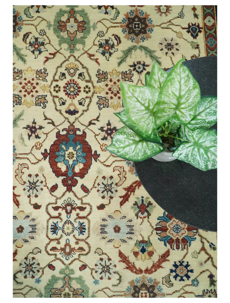 8x10 Fine Hand Knotted Beige and Blue Traditional Vintage Persian Style Oushak Antique Wool Rug | TRDCP514810 - The Rug Decor