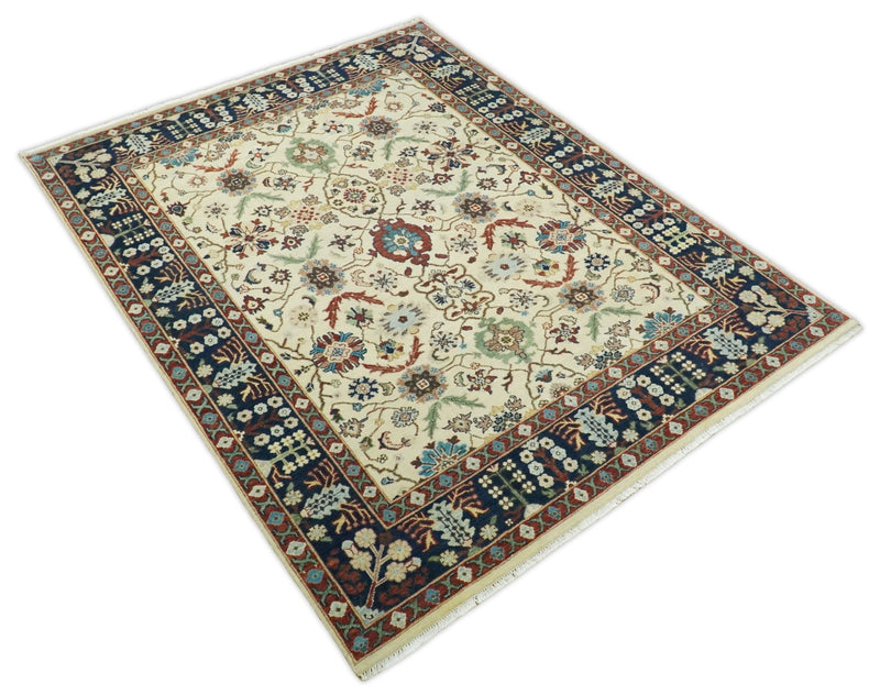 8x10 Fine Hand Knotted Beige and Blue Traditional Vintage Persian Style Oushak Antique Wool Rug | TRDCP514810 - The Rug Decor