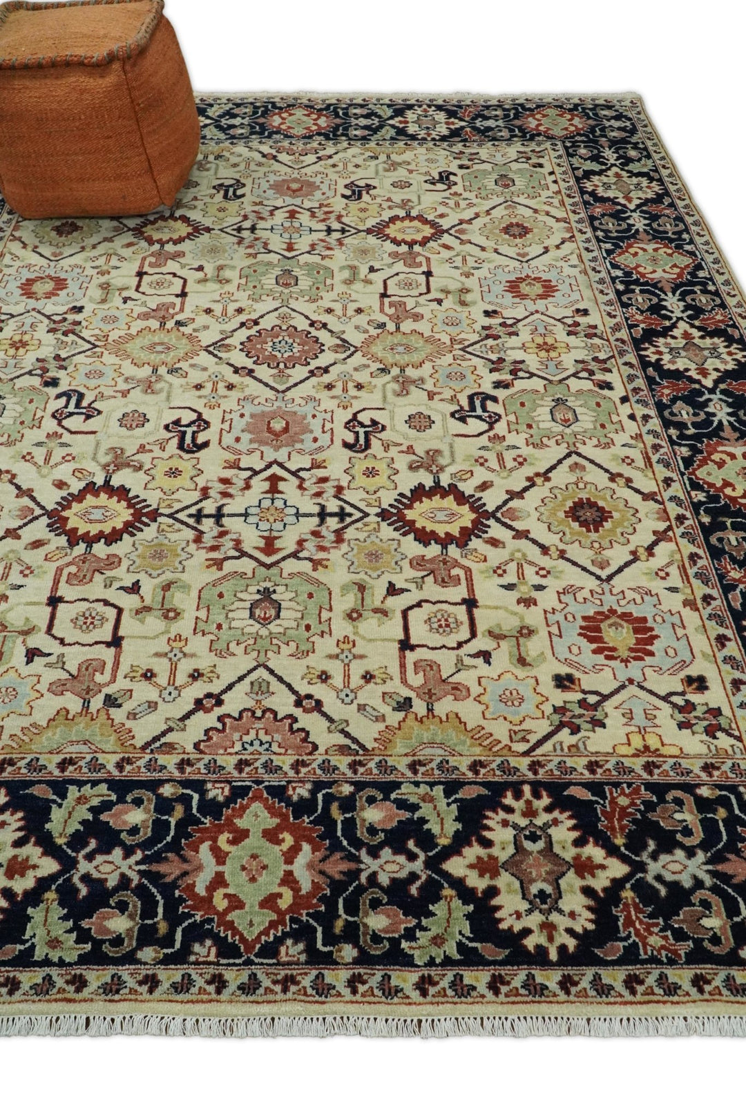 8x10 Fine Hand Knotted Beige and Blue Traditional Vintage Persian Style Oushak Antique Wool Rug | TRDCP525810 - The Rug Decor
