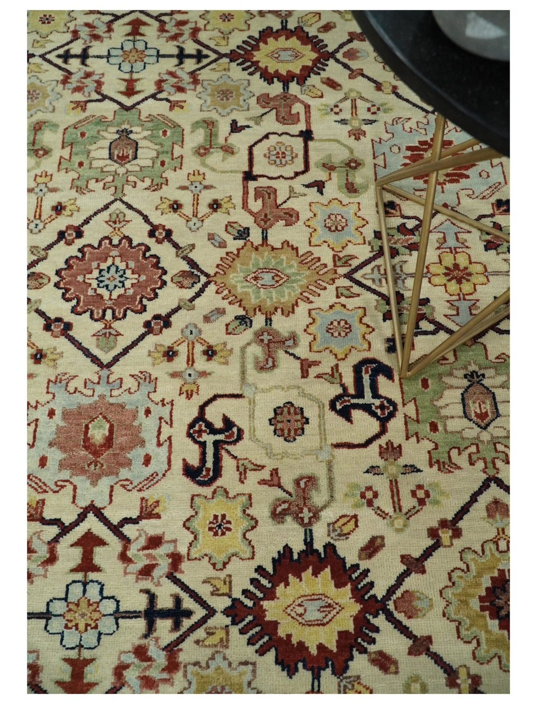 8x10 Fine Hand Knotted Beige and Blue Traditional Vintage Persian Style Oushak Antique Wool Rug | TRDCP525810 - The Rug Decor