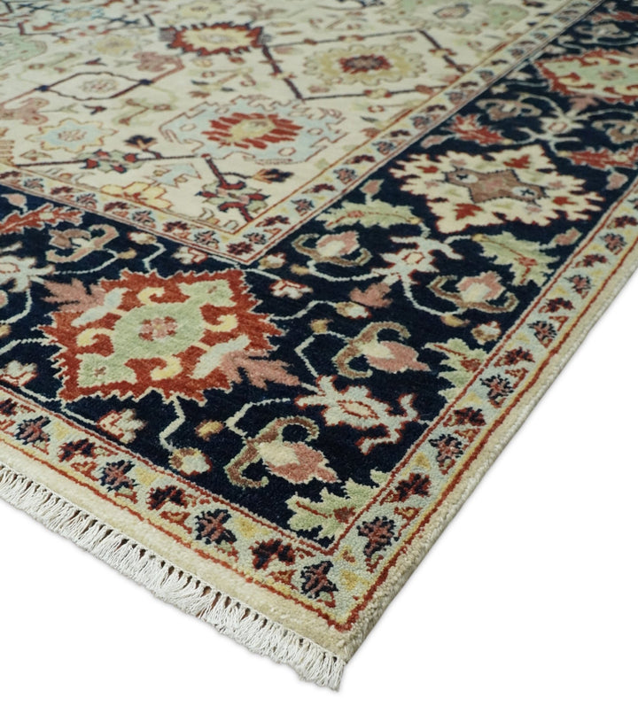 8x10 Fine Hand Knotted Beige and Blue Traditional Vintage Persian Style Oushak Antique Wool Rug | TRDCP525810 - The Rug Decor