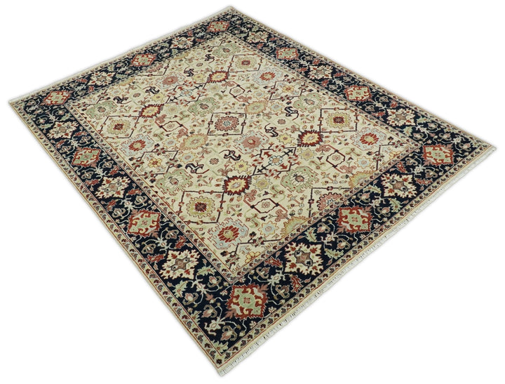 8x10 Fine Hand Knotted Beige and Blue Traditional Vintage Persian Style Oushak Antique Wool Rug | TRDCP525810 - The Rug Decor