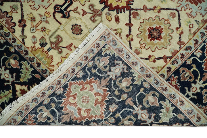 8x10 Fine Hand Knotted Beige and Blue Traditional Vintage Persian Style Oushak Antique Wool Rug | TRDCP525810 - The Rug Decor