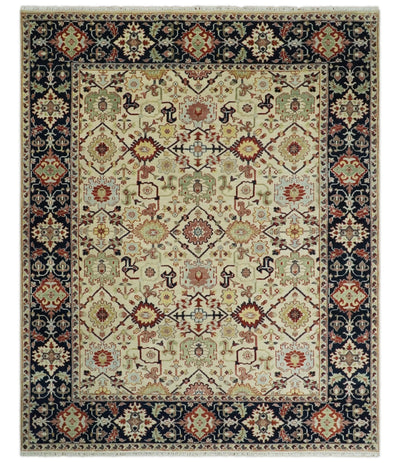8x10 Fine Hand Knotted Beige and Blue Traditional Vintage Persian Style Oushak Antique Wool Rug | TRDCP525810 - The Rug Decor