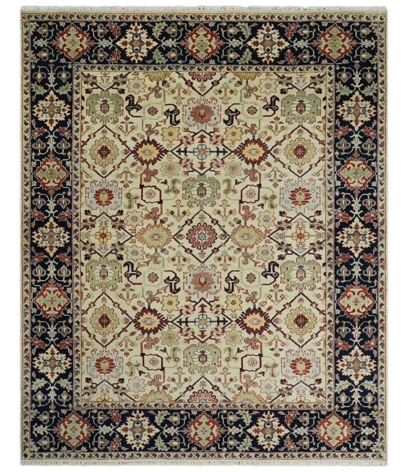 8x10 Fine Hand Knotted Beige and Blue Traditional Vintage Persian Style Oushak Antique Wool Rug | TRDCP525810 - The Rug Decor