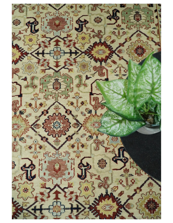 8x10 Fine Hand Knotted Beige and Blue Traditional Vintage Persian Style Oushak Antique Wool Rug | TRDCP525810 - The Rug Decor