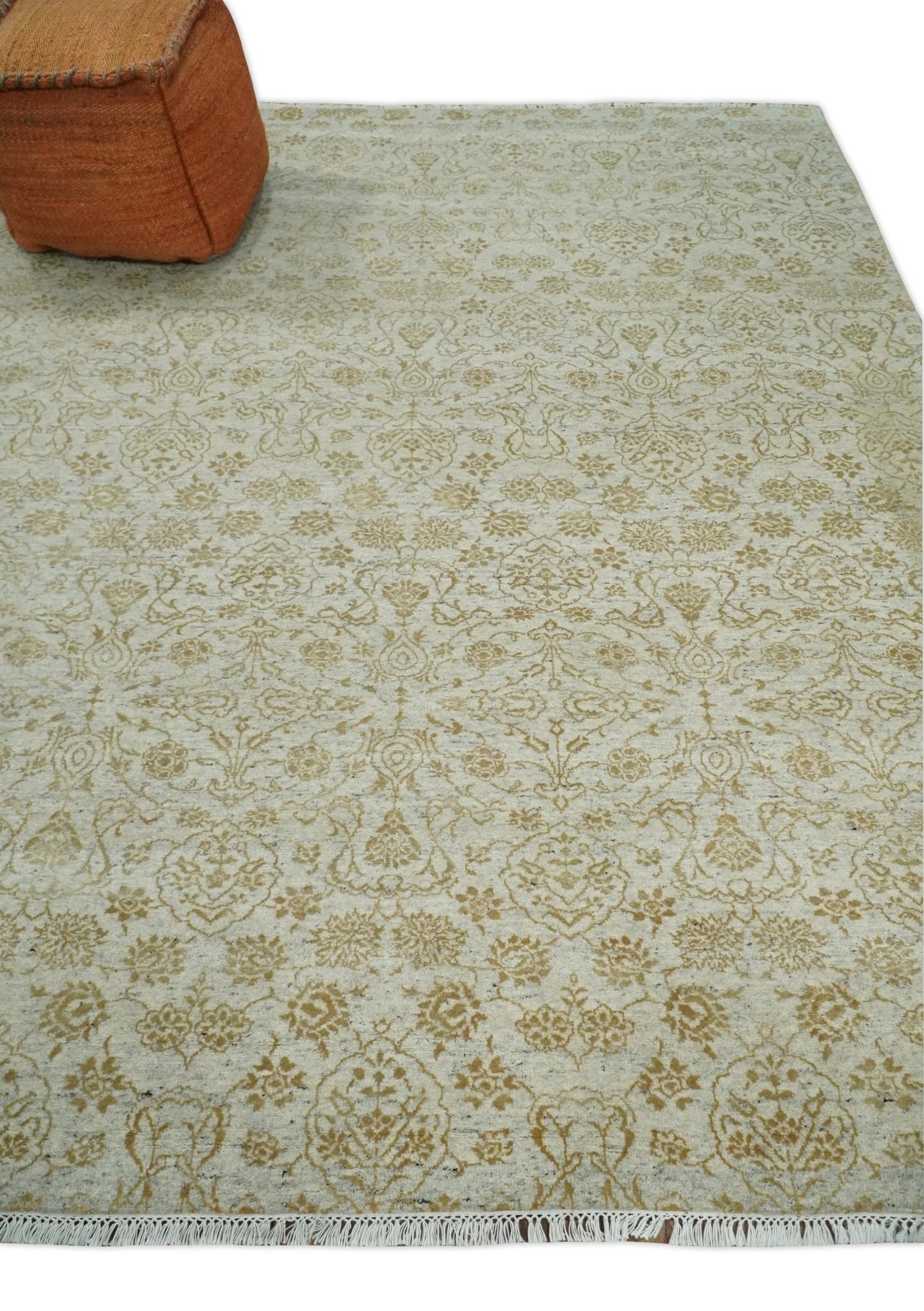 8x10 Fine Hand Knotted Beige and Gold Traditional Vintage Persian Style Antique Silk Rug | AGR21 - The Rug Decor