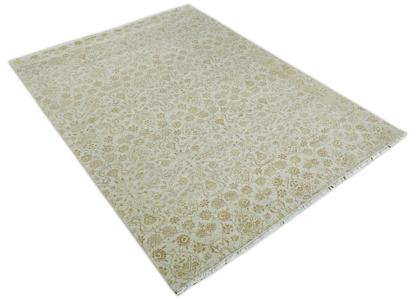 8x10 Fine Hand Knotted Beige and Gold Traditional Vintage Persian Style Antique Silk Rug | AGR21 - The Rug Decor