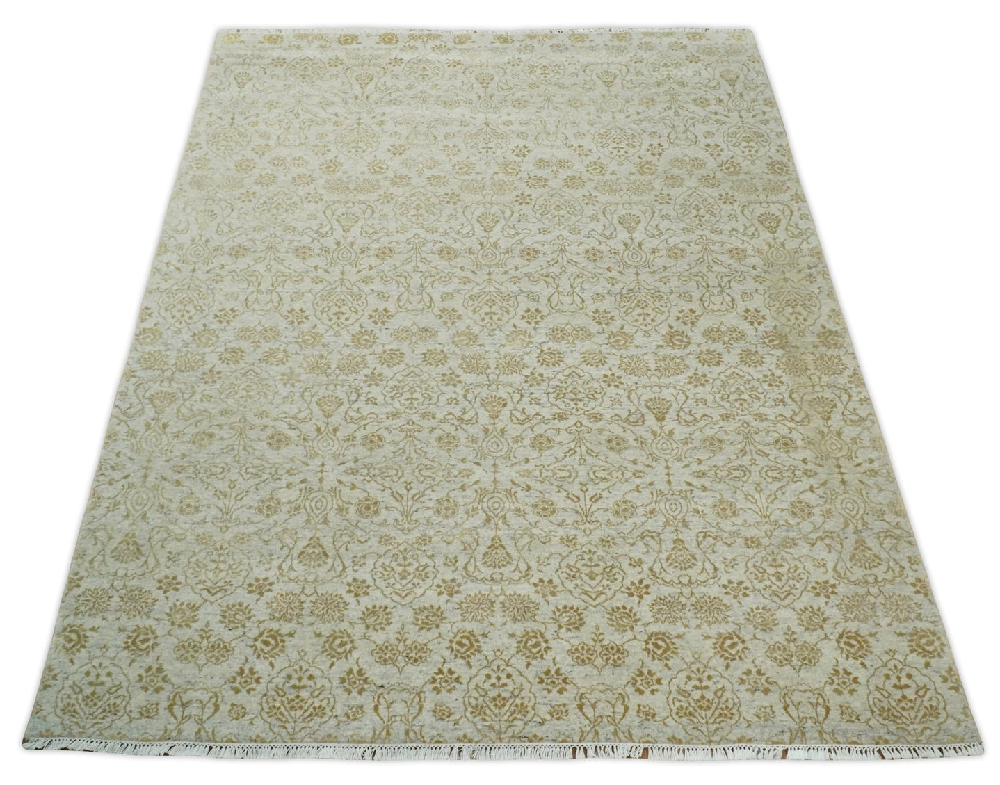 8x10 Fine Hand Knotted Beige and Gold Traditional Vintage Persian Style Antique Silk Rug | AGR21 - The Rug Decor