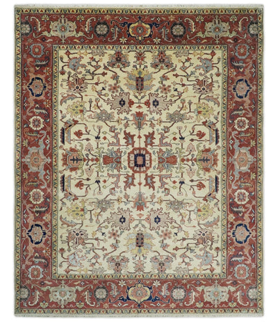 8x10 Fine Hand Knotted Beige and Rust Traditional Vintage Persian Style Oushak Antique Wool Rug | TRDCP527810 - The Rug Decor