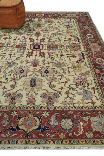 8x10 Fine Hand Knotted Beige and Rust Traditional Vintage Persian Style Oushak Antique Wool Rug | TRDCP527810 - The Rug Decor