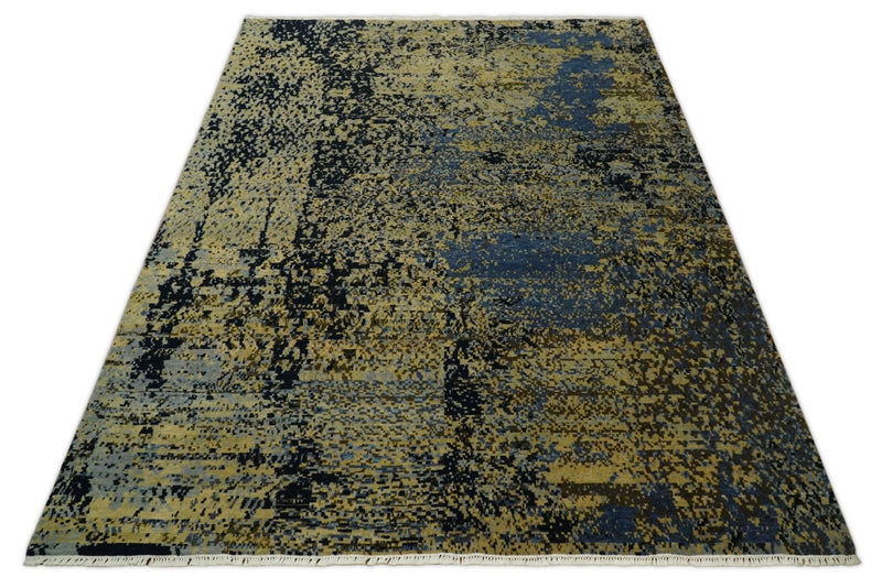 8x10 Fine Hand Knotted Beige, Black and Blue Modern Abstract Style Antique Wool and Silk Area Rug | TRDCP629810 - The Rug Decor