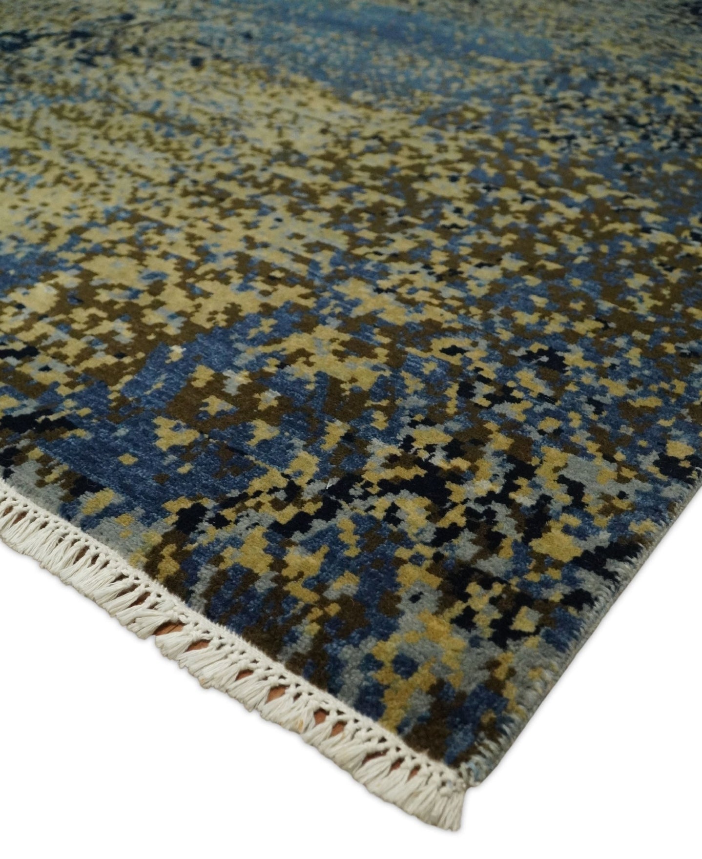 8x10 Fine Hand Knotted Beige, Black and Blue Modern Abstract Style Antique Wool and Silk Area Rug | TRDCP629810 - The Rug Decor