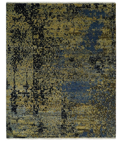 8x10 Fine Hand Knotted Beige, Black and Blue Modern Abstract Style Antique Wool and Silk Area Rug | TRDCP629810 - The Rug Decor