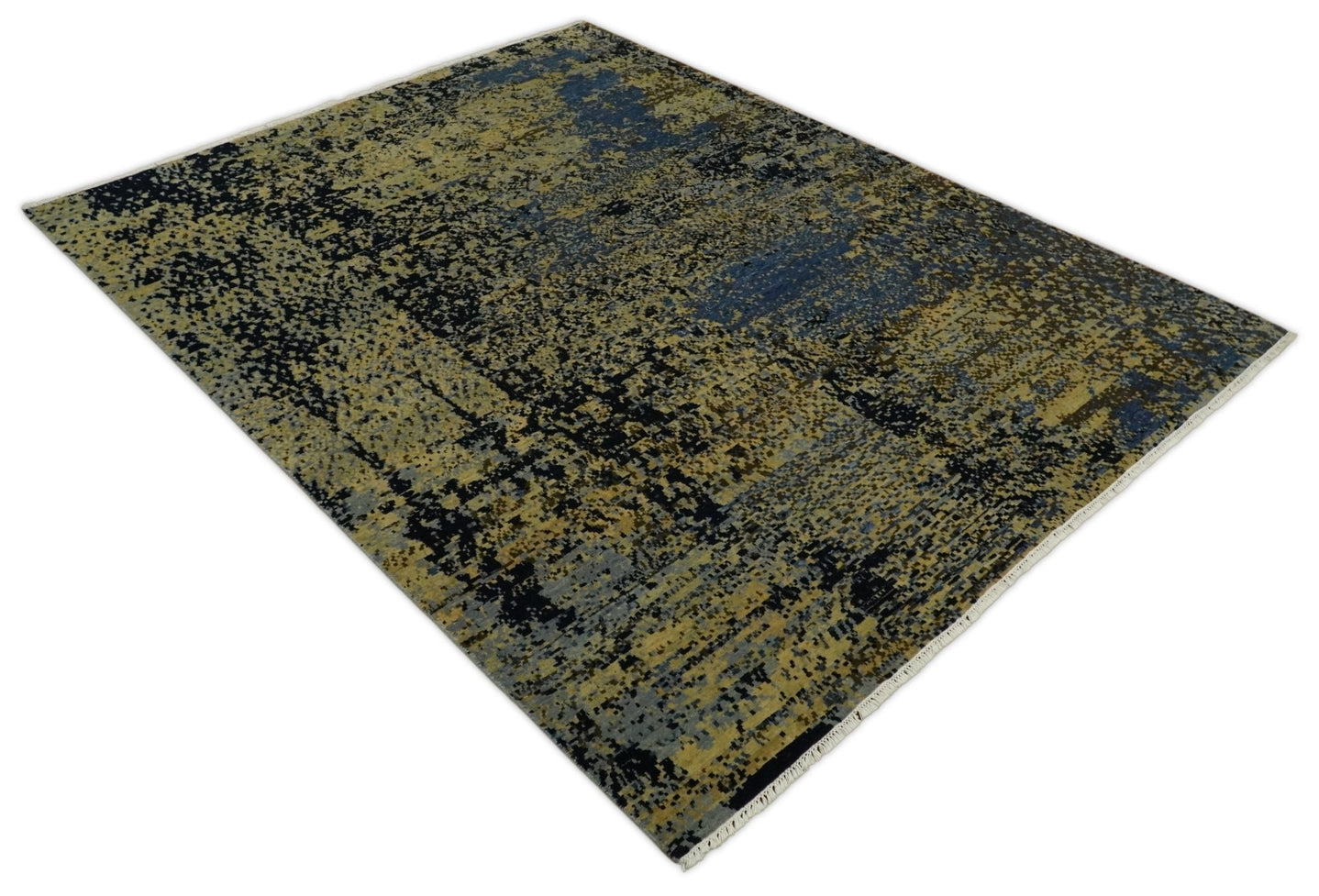 8x10 Fine Hand Knotted Beige, Black and Blue Modern Abstract Style Antique Wool and Silk Area Rug | TRDCP629810 - The Rug Decor