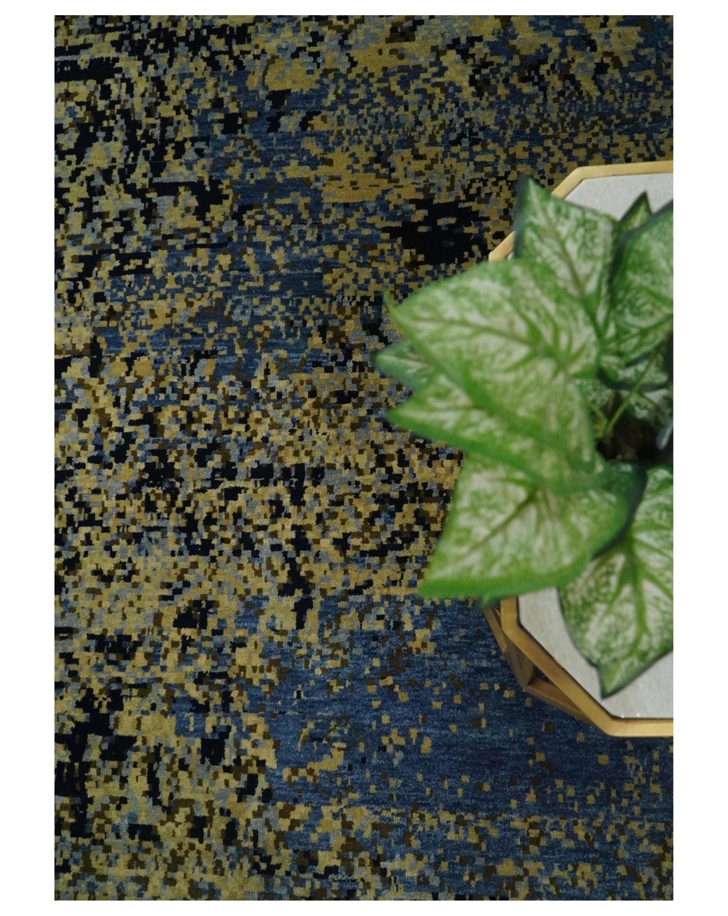 8x10 Fine Hand Knotted Beige, Black and Blue Modern Abstract Style Antique Wool and Silk Area Rug | TRDCP629810 - The Rug Decor