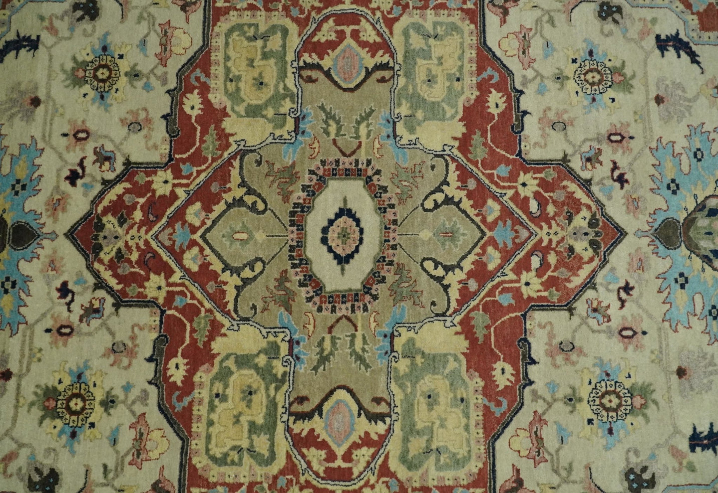 8x10 Fine Hand Knotted Beige, Blue and Rust Traditional Vintage Heriz Serapi Antique Wool Rug | TRDCP466810 - The Rug Decor