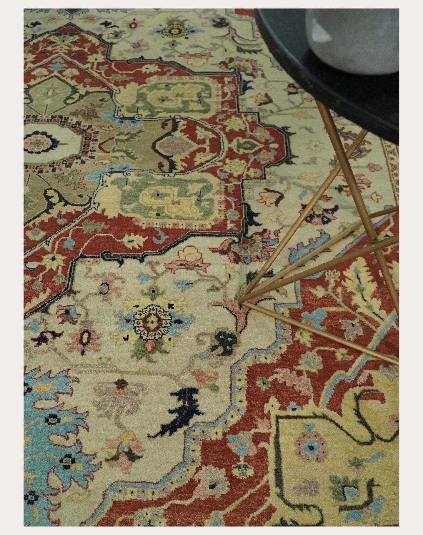 8x10 Fine Hand Knotted Beige, Blue and Rust Traditional Vintage Heriz Serapi Antique Wool Rug | TRDCP466810 - The Rug Decor