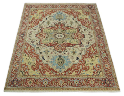 8x10 Fine Hand Knotted Beige, Blue and Rust Traditional Vintage Heriz Serapi Antique Wool Rug | TRDCP466810 - The Rug Decor