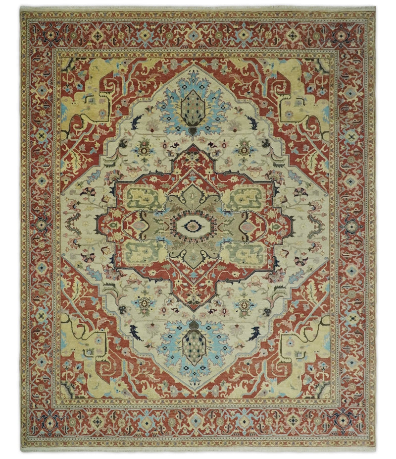 8x10 Fine Hand Knotted Beige, Blue and Rust Traditional Vintage Heriz Serapi Antique Wool Rug | TRDCP466810 - The Rug Decor