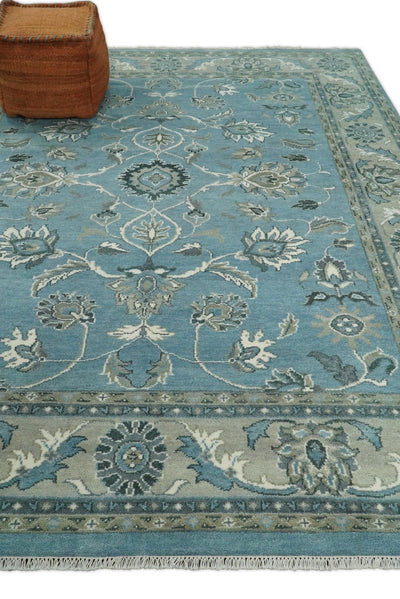 8x10 Fine Hand Knotted Blue and Beige Traditional Vintage Persian Style Oushak Antique Wool Rug | TRDCP524810 - The Rug Decor