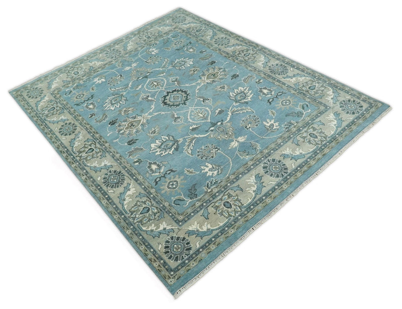 8x10 Fine Hand Knotted Blue and Beige Traditional Vintage Persian Style Oushak Antique Wool Rug | TRDCP524810 - The Rug Decor