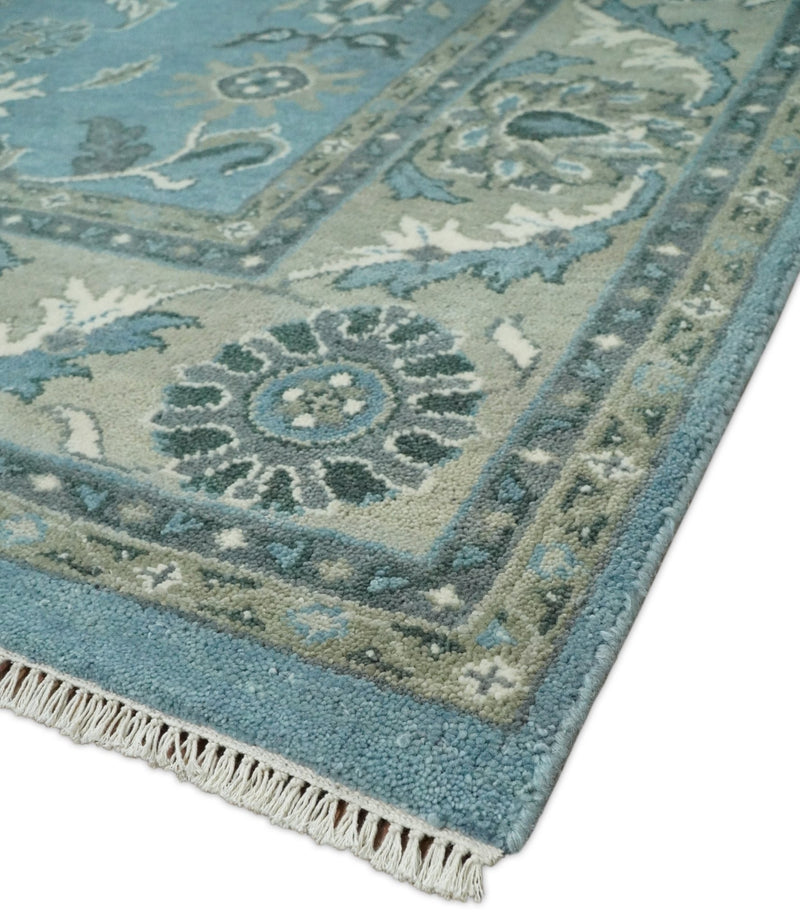 8x10 Fine Hand Knotted Blue and Beige Traditional Vintage Persian Style Oushak Antique Wool Rug | TRDCP524810 - The Rug Decor