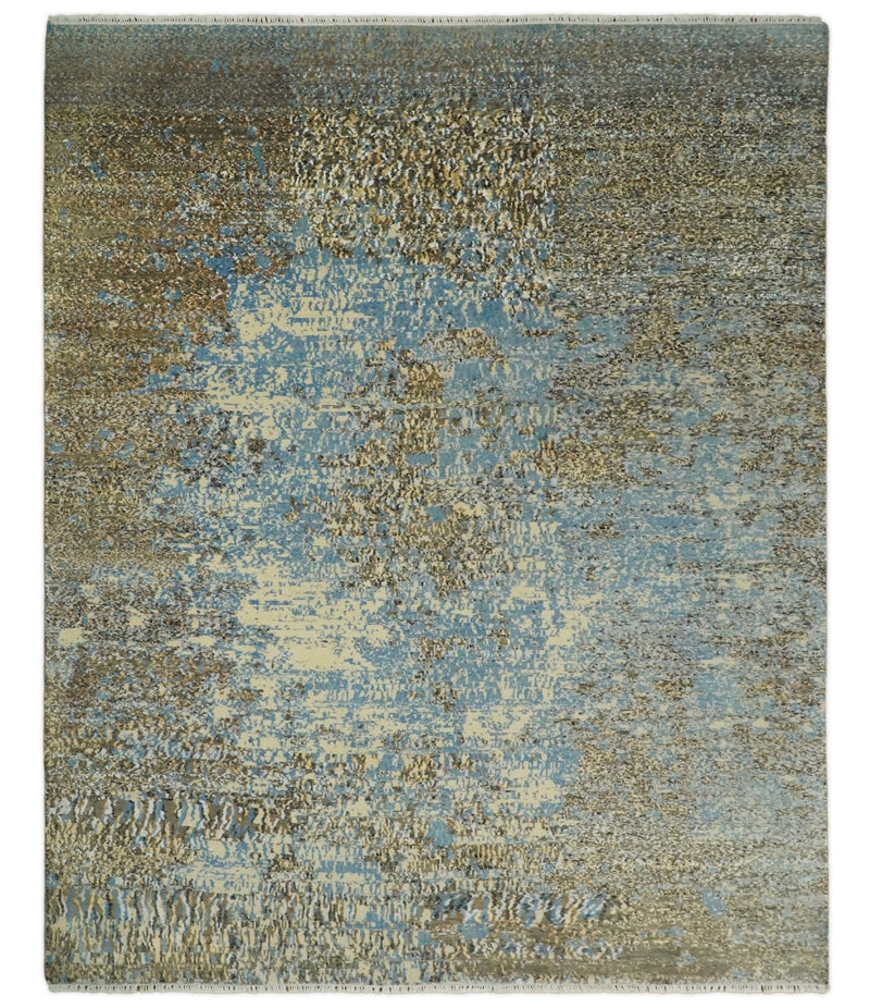 8x10 Fine Hand Knotted Blue and Brown Modern Abstract Style Antique Wool and Silk Area Rug | TRDCP627810 - The Rug Decor