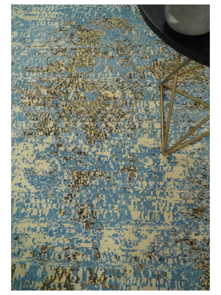 8x10 Fine Hand Knotted Blue and Brown Modern Abstract Style Antique Wool and Silk Area Rug | TRDCP627810 - The Rug Decor