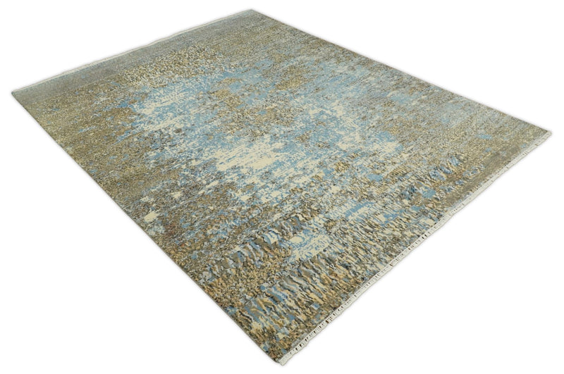 8x10 Fine Hand Knotted Blue and Brown Modern Abstract Style Antique Wool and Silk Area Rug | TRDCP627810 - The Rug Decor