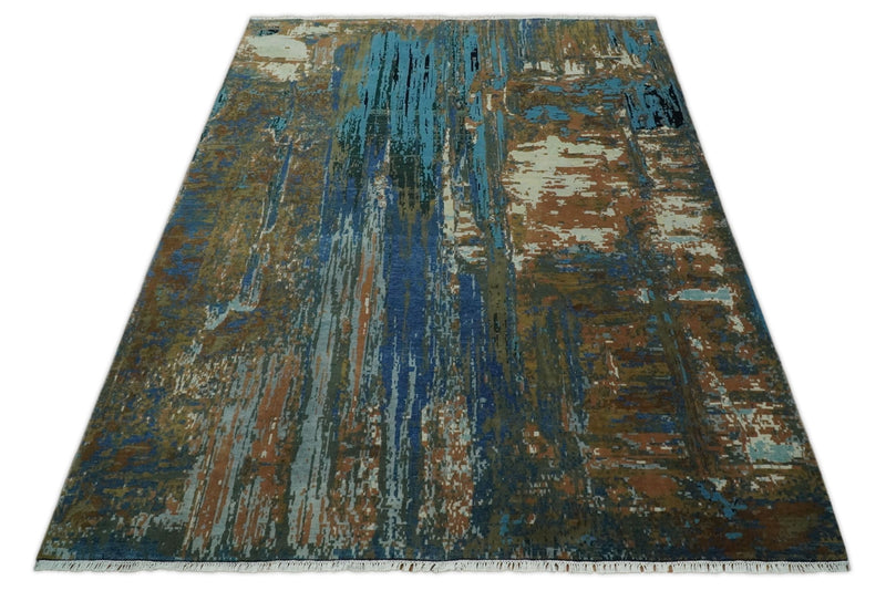 8x10 Fine Hand Knotted Blue and Brown Modern Abstract Wool Area Rug | AGR42 - The Rug Decor